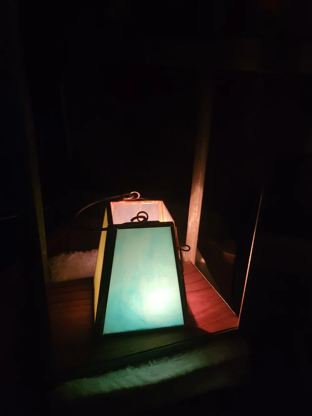 Green Stained-Glass Lantern with Brass Frame - Decorative Accent